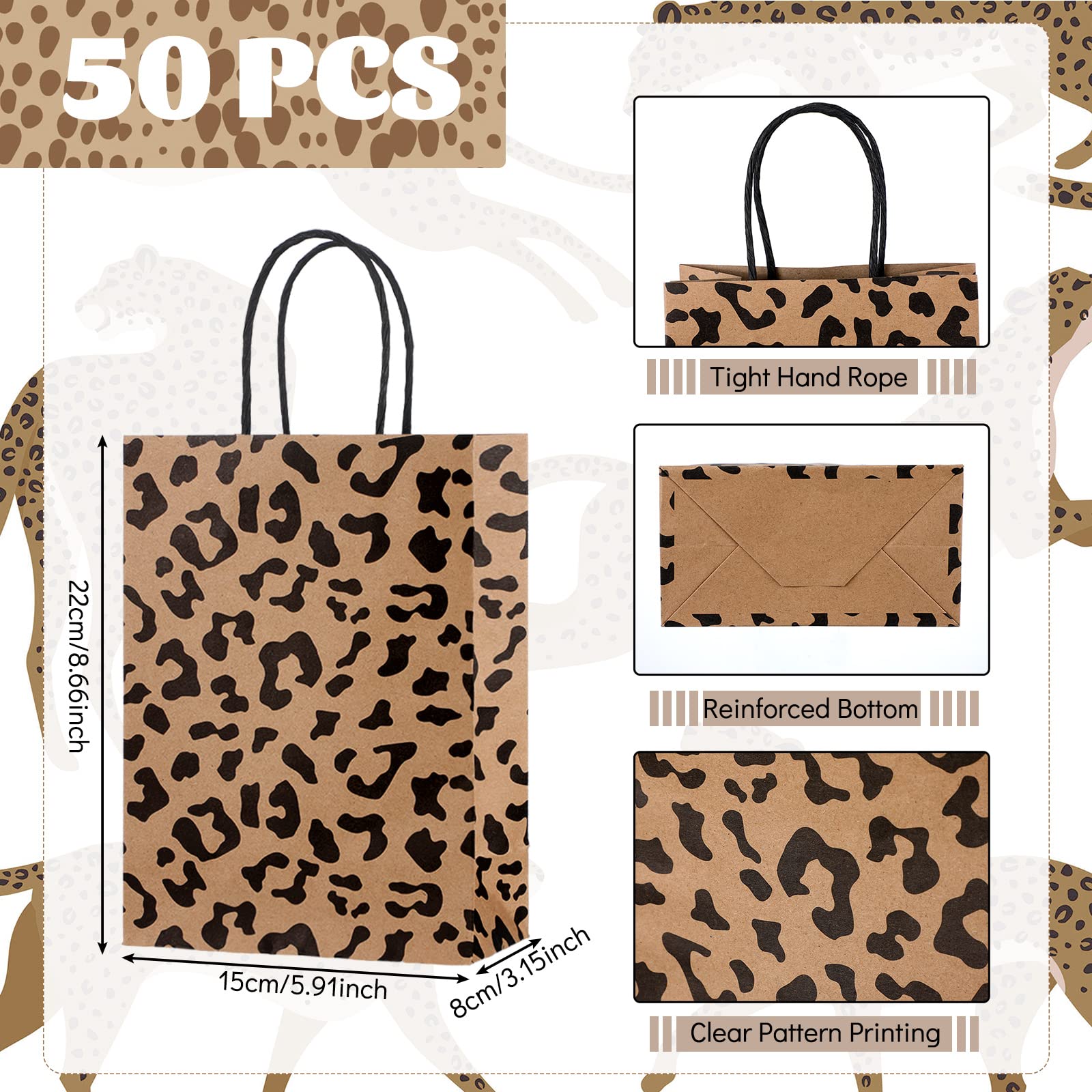 Tinlade Leopard Print Goodies Bags Animal Print Party Bags Paper Jungle Safari Party Favors for Kids Wild Life Animal Birthday Baby Shower Party Supplies (16 Pcs)