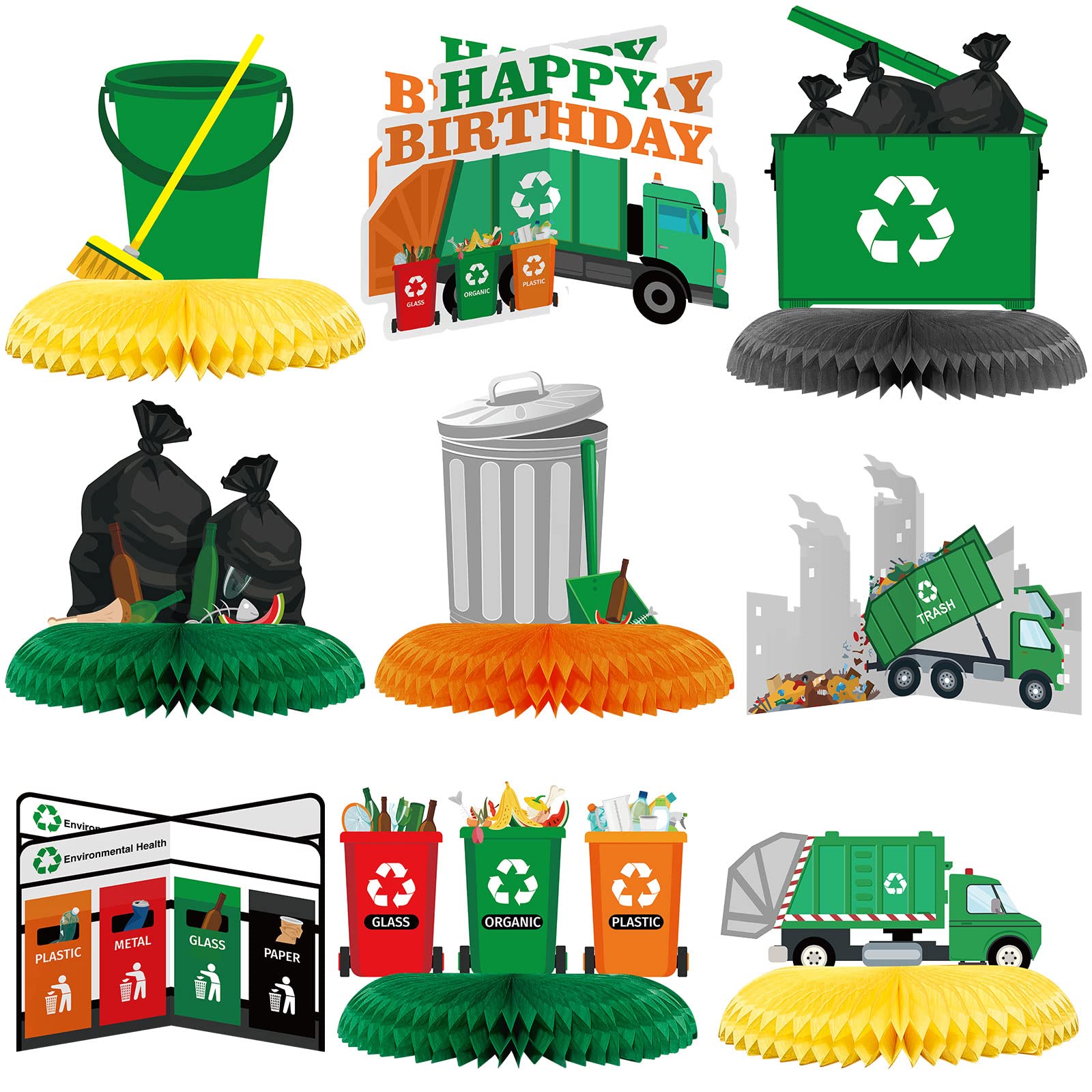 9 Pcs Garbage Truck Birthday Party Supplies Garbage Honeycomb Table Centerpiece Garbage Truck Table Toppers Centerpieces Trash Truck Birthday Party Supplies for Birthday Baby Shower Party Decorations