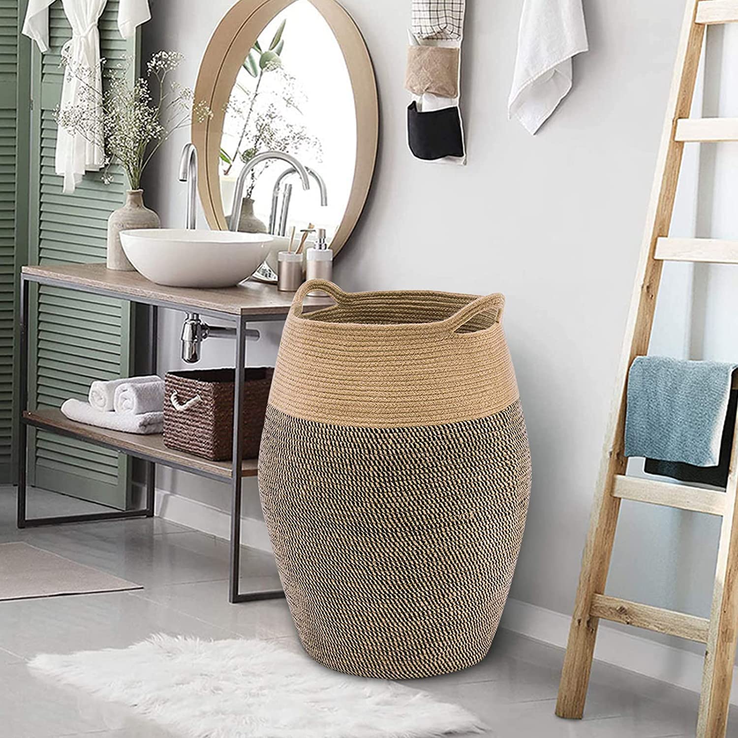 Tall Laundry Basket, 105L Large Laundry Hamper with Handles Tall Wicker Jute Woven Storage Basket for Dirty Clothes Blankets Towels - 25.6x 19.3 inches