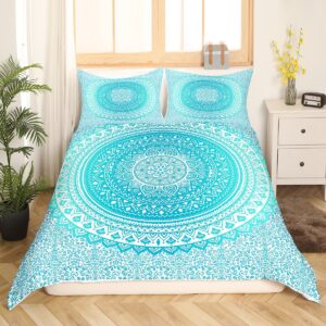 Castle Fairy Hippie Mandala Duvet Cover for Boys,Girls Teal Gradient Comforter Cover Full Size,Indian Hippie Bedding Set Kids Teen Room Decor Bed Cover,Chic Exotic Bedclothes with Zipper