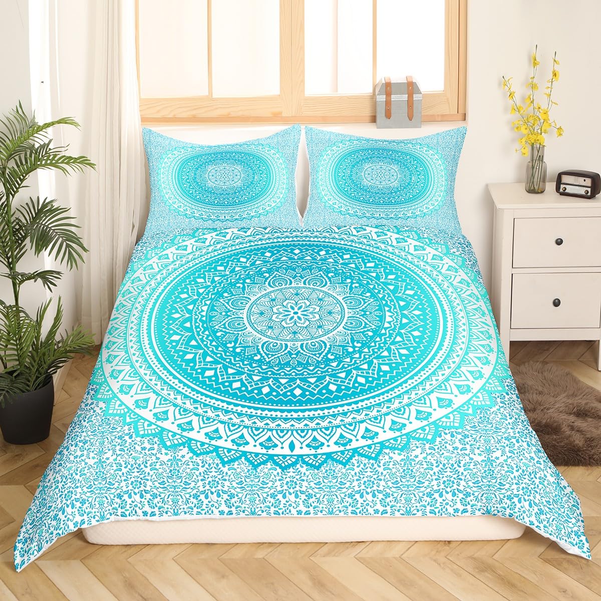 Castle Fairy Hippie Mandala Bedding Set,Teal Trippy Duvet Cover for Kids Teen Boys Girls,Bohemian Art Comforter Cover Decorative Room,Chic Exotic Quilt Cover with 2 Pillowcases,King Size