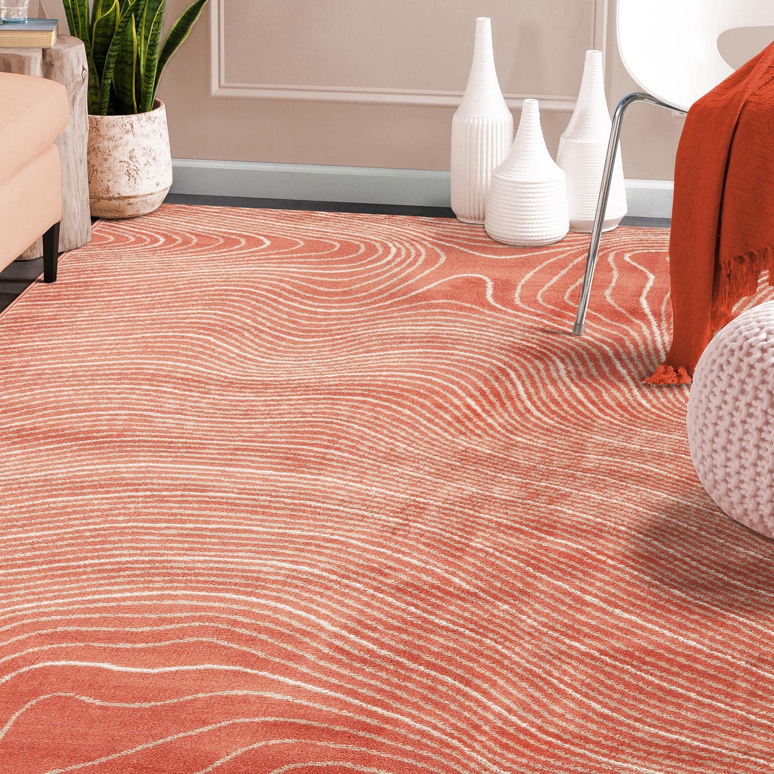 Superior Indoor Area Rug, Plush Carpet Cover, High-Traffic Rugs, Jute Backing, Hallways, Entry, Office, Living Room, Kitchen, Modern Abstract Wood Grain, Veer Collection, 7' x 9', Coral