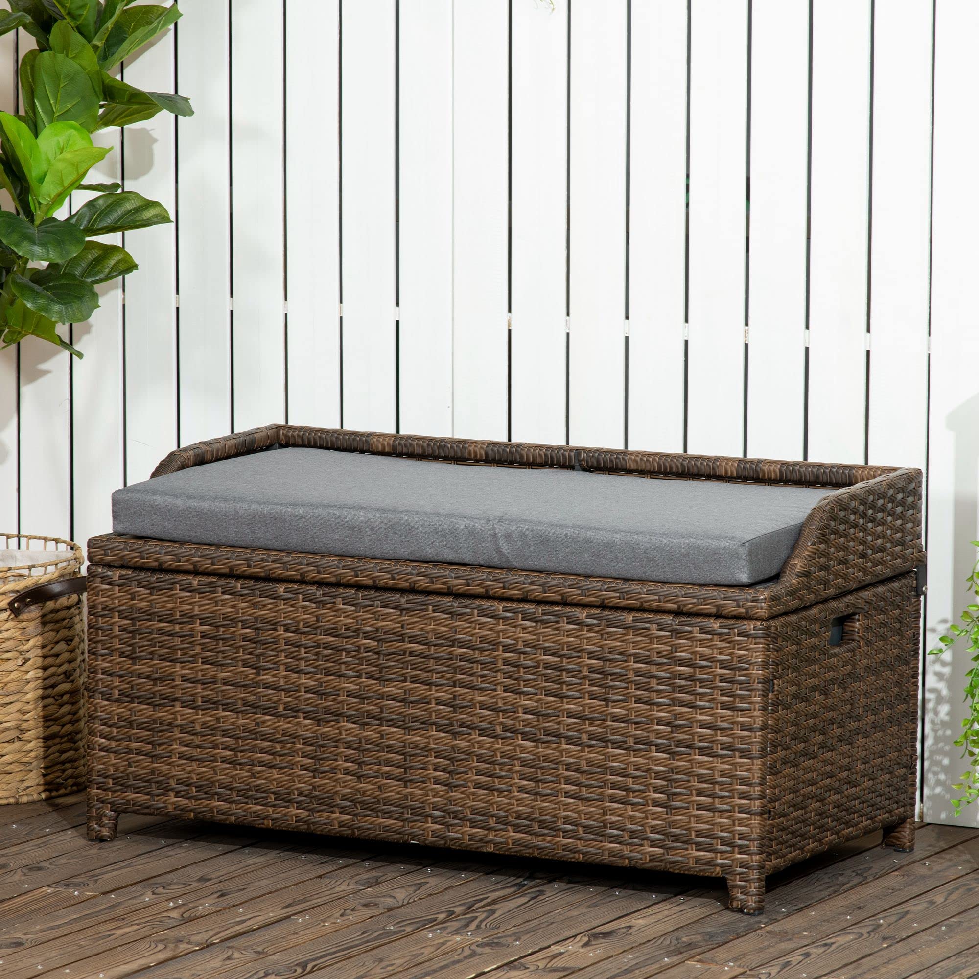 Outsunny Outdoor Wicker Storage Bench Deck Box, PE Rattan Patio Furniture Pool Container Storage Bin with Interior Waterproof Bag and Comfortable Cushion, Gray