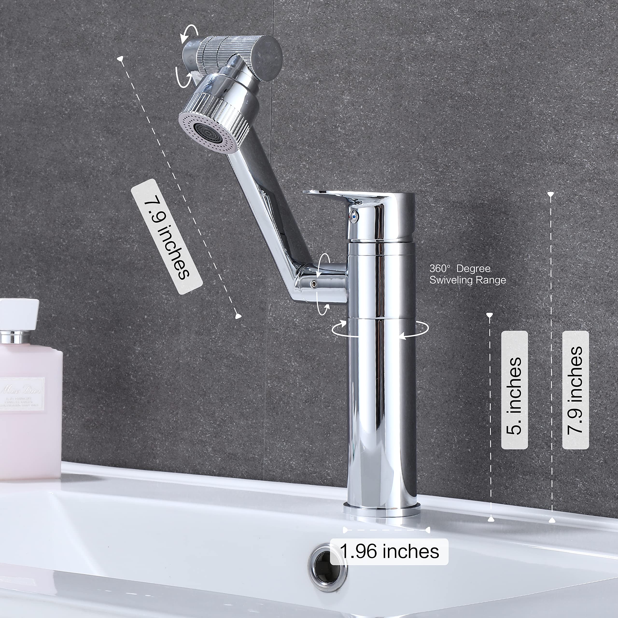 HUAHUALALA 1080 Degree Swivel Faucet for Bathroom Sink,Faucet with Big Angle Rotate Spray Dual Function,Single Handle Vanity Faucet with Deck Plate,Lavatory Faucet,100% Lead-Free,1 or 3 Hole,Chrome…