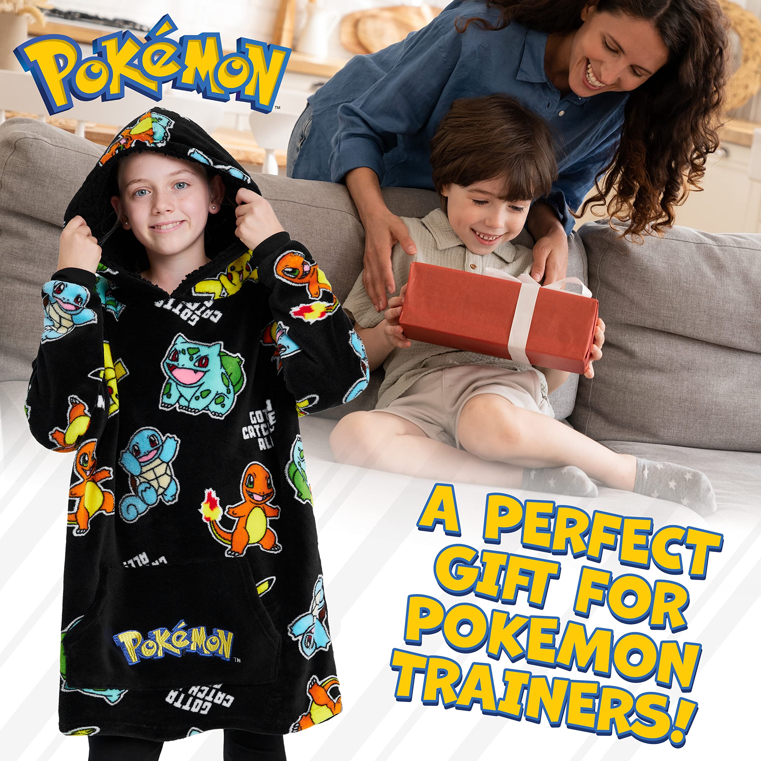 Pokemon Oversized Hoodie Blanket for Kids, Pikachu Gifts for Boys (Black Aop)