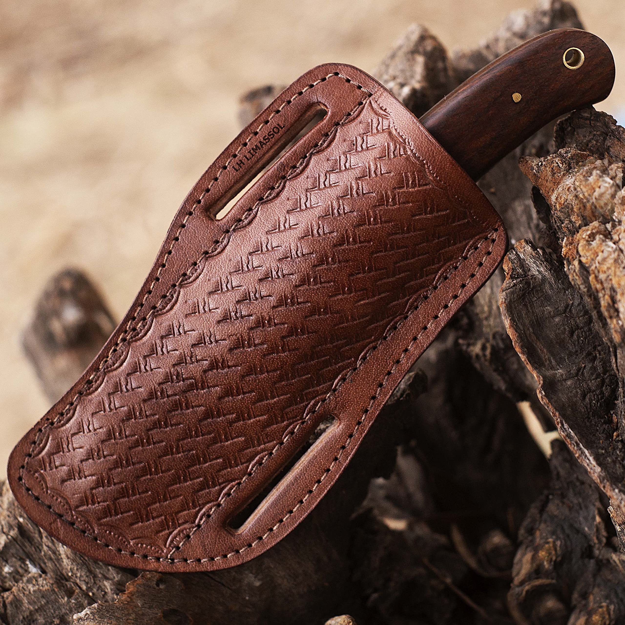 LH LIMASSOL Leather Knife Sheath, Slanted Pancake Sheath, Tooled Leather Sheath, Belt Sheath,Trapper Knife Sheath, Cow Boy Bull Cutter Knife Leather Sheath 100% Real Leather and Exotic Cow Hide Sheath