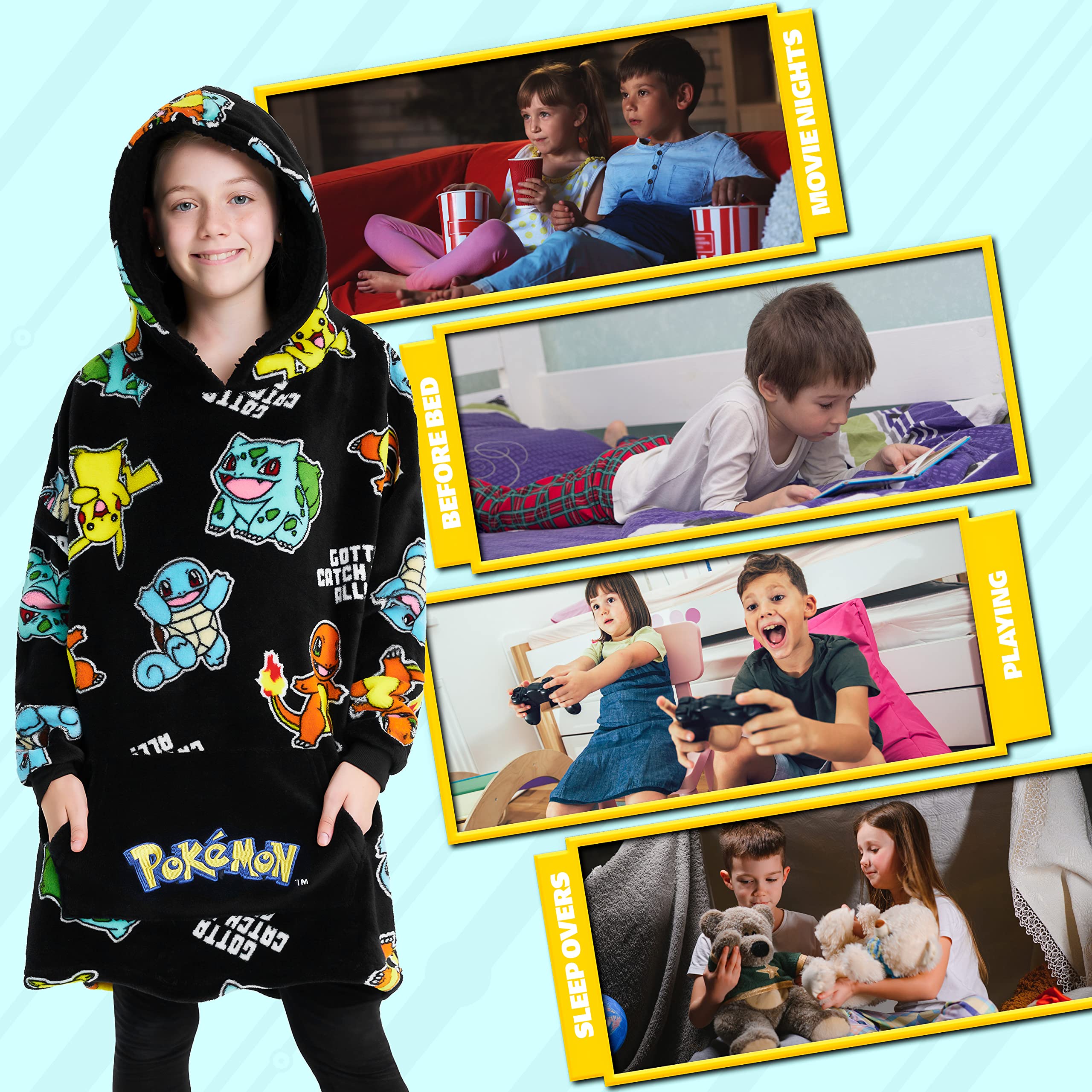 Pokemon Oversized Hoodie Blanket for Kids, Pikachu Gifts for Boys (Black Aop)