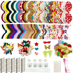 aouxseem 348 pcs 60 set faux leather hair bows diy making kit for beginners, contains assorted random printed glitter solid fabric pre cut pieces, make stylish girls hair clips