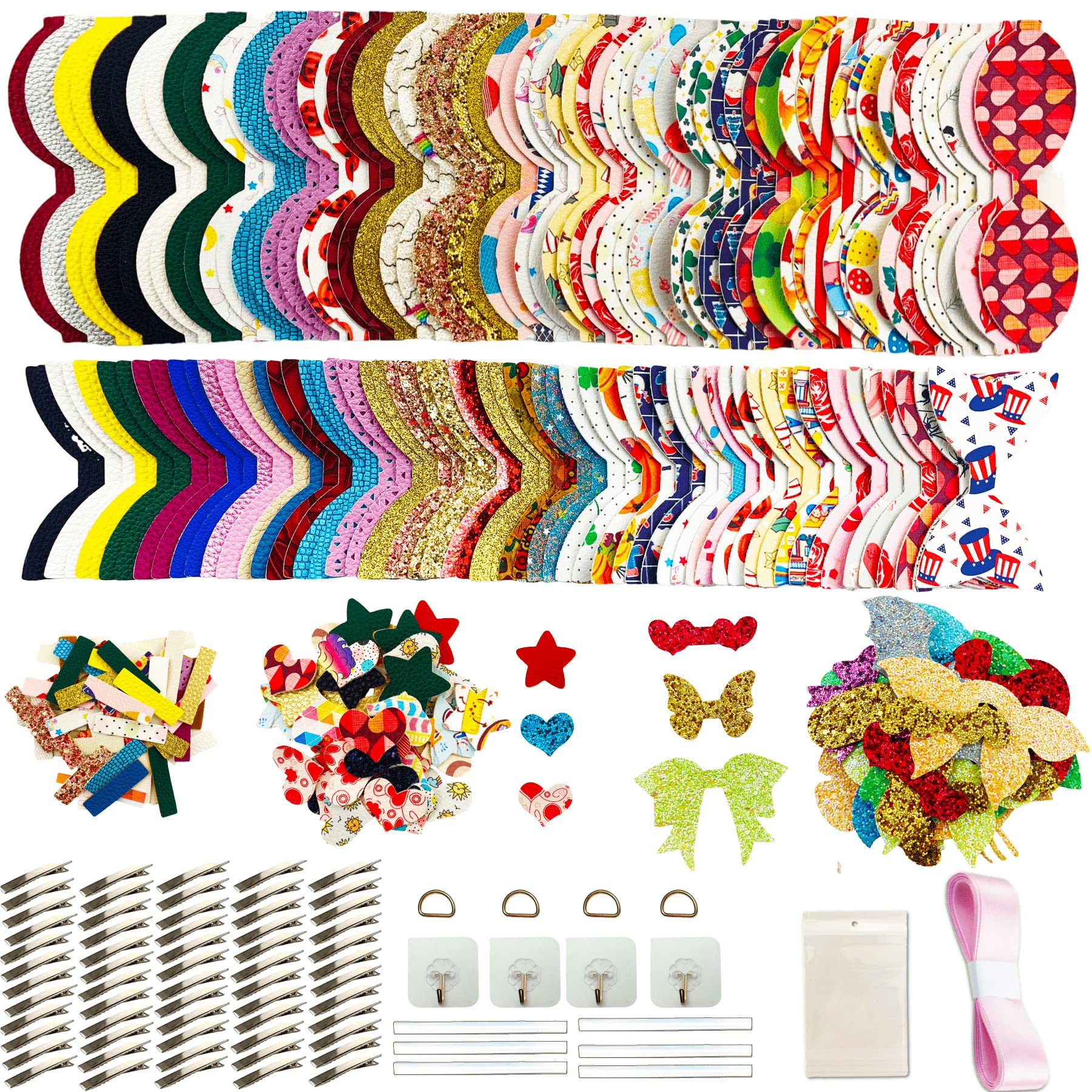 AOUXSEEM 348 Pcs 60 Set Faux Leather Hair Bows DIY Making Kit for Beginners, Contains Assorted Random Printed Glitter Solid Fabric Pre Cut Pieces, Make Stylish Girls Hair Clips