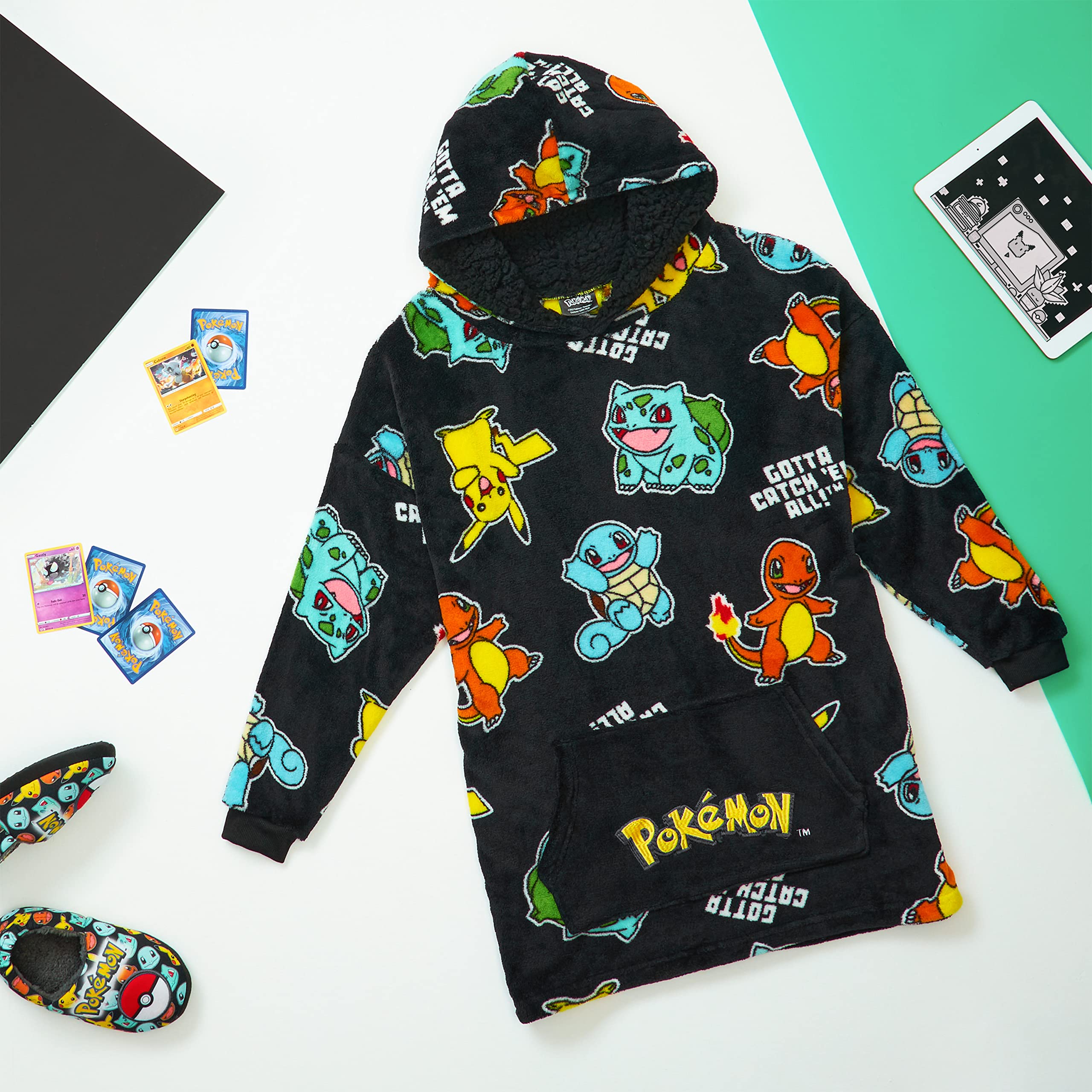 Pokemon Oversized Hoodie Blanket for Kids, Pikachu Gifts for Boys (Black Aop)