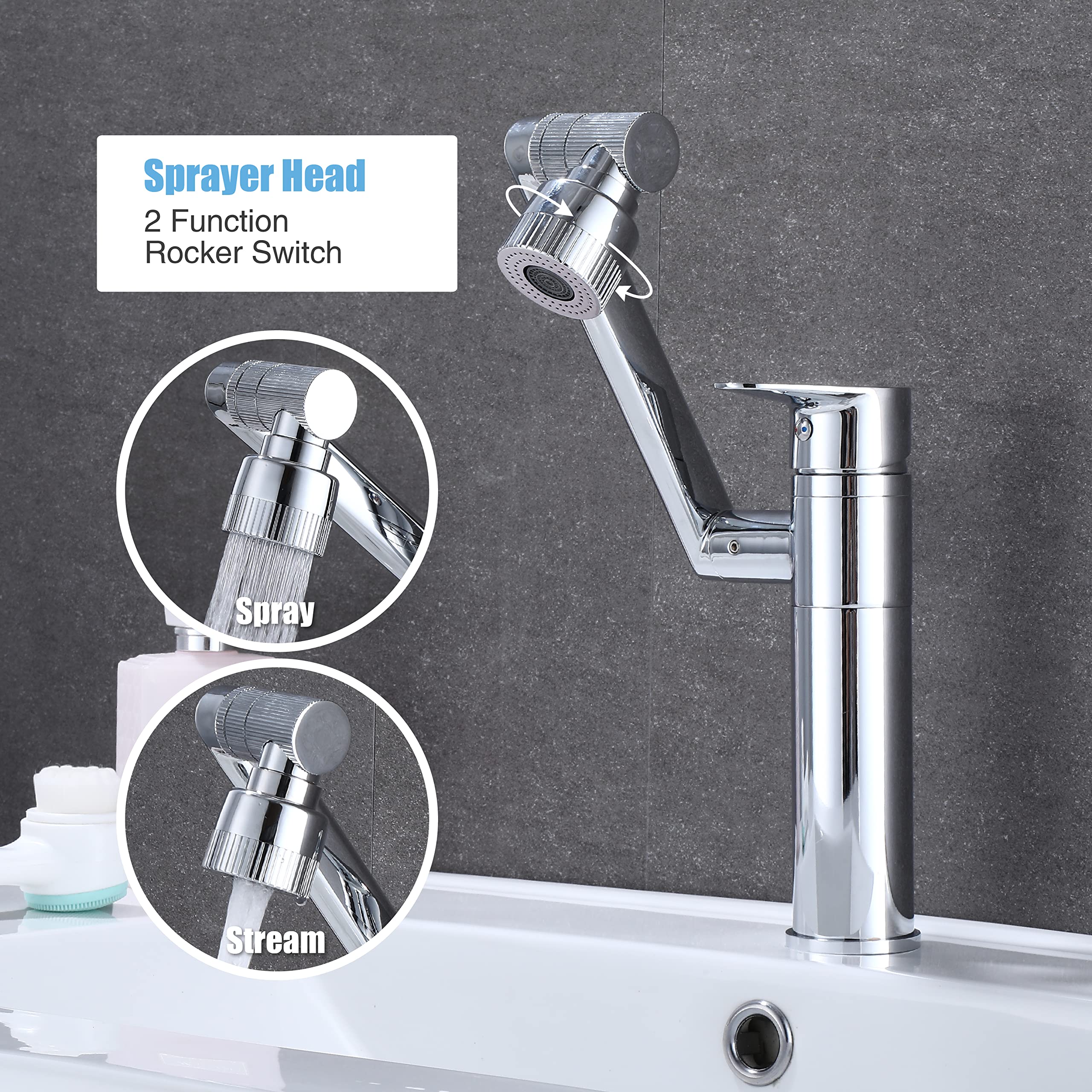 HUAHUALALA 1080 Degree Swivel Faucet for Bathroom Sink,Faucet with Big Angle Rotate Spray Dual Function,Single Handle Vanity Faucet with Deck Plate,Lavatory Faucet,100% Lead-Free,1 or 3 Hole,Chrome…