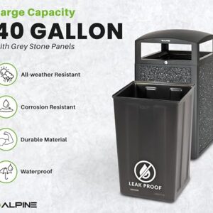 Alpine Indoor & Outdoor Commercial Trash Can with Lid - 40 Gallon Heavy Duty Metal Garbage Can with Removable Bin, Locking Lid for a Modern Look in Patio, Pool, Deck, Office Black, Grey Stone Panels