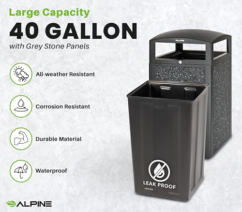 Alpine Indoor & Outdoor Commercial Trash Can with Lid - 40 Gallon Heavy Duty Metal Garbage Can with Removable Bin, Locking Lid for a Modern Look in Patio, Pool, Deck, Office Black, Grey Stone Panels