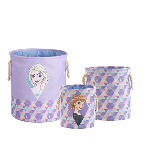 Idea Nuova Disney Frozen 3 Piece Multi Size Fabric Nestable Toy Storage Basket Set, with Rope Carry Handles (NK321606)