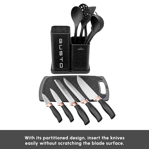 Karaca Gusto Knife and Chopping Board Set, 12 Pcs, Stainless Steel 5 Knives with Black Handles and 5 Pcs Kitchen Utensils with Special Stand including Cutting Board