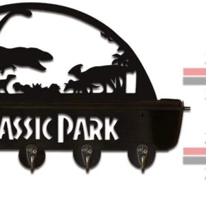 Dinosaur Theme Park World ，Hat Rack Key Hook Coat Hook Towel Holder, with 5 Metal Hooks, Clothes Hook, Kitchen Shelf, Wooden Storage Shelf,Black,16 Inch, 11 Lbs