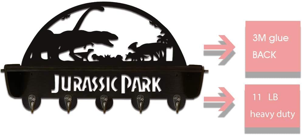 Dinosaur Theme Park World ，Hat Rack Key Hook Coat Hook Towel Holder, with 5 Metal Hooks, Clothes Hook, Kitchen Shelf, Wooden Storage Shelf,Black,16 Inch, 11 Lbs