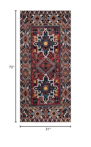 Ottomanson Machine Washable Wrinkle Free Oriental Design Cotton 3x6 Traditional Flatweave Area Rug for Living Room, Bedroom, Kitchen, Bathroom, 2'7'' x 6', Red