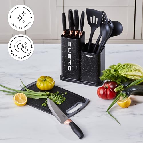 Karaca Gusto Knife and Chopping Board Set, 12 Pcs, Stainless Steel 5 Knives with Black Handles and 5 Pcs Kitchen Utensils with Special Stand including Cutting Board