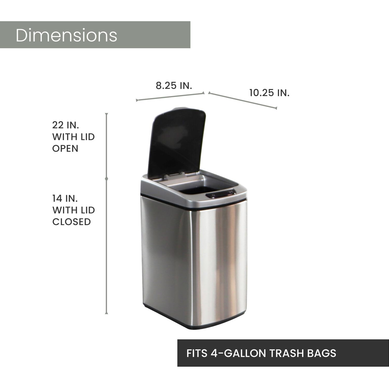 Hanover Home Hands-Free Metal Trash Can with Fingerprint-Resistant Finish, Soft-Close Motion Sensor Lid, and Removable Bin for Bathroom and Bedroom - 2.3 Gallons (9 Liters) in Stainless Steel