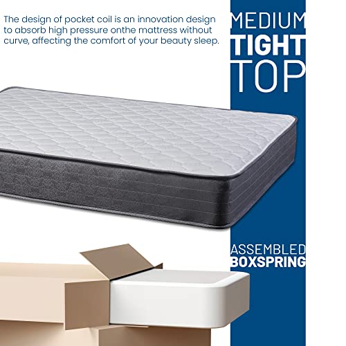 Treaton Twin 9 Inch Hybrid Mattress in a Box for Medium Firm Support, Motion Isolation and Pressure Relief with 8" Split Box Spring Foundation, White