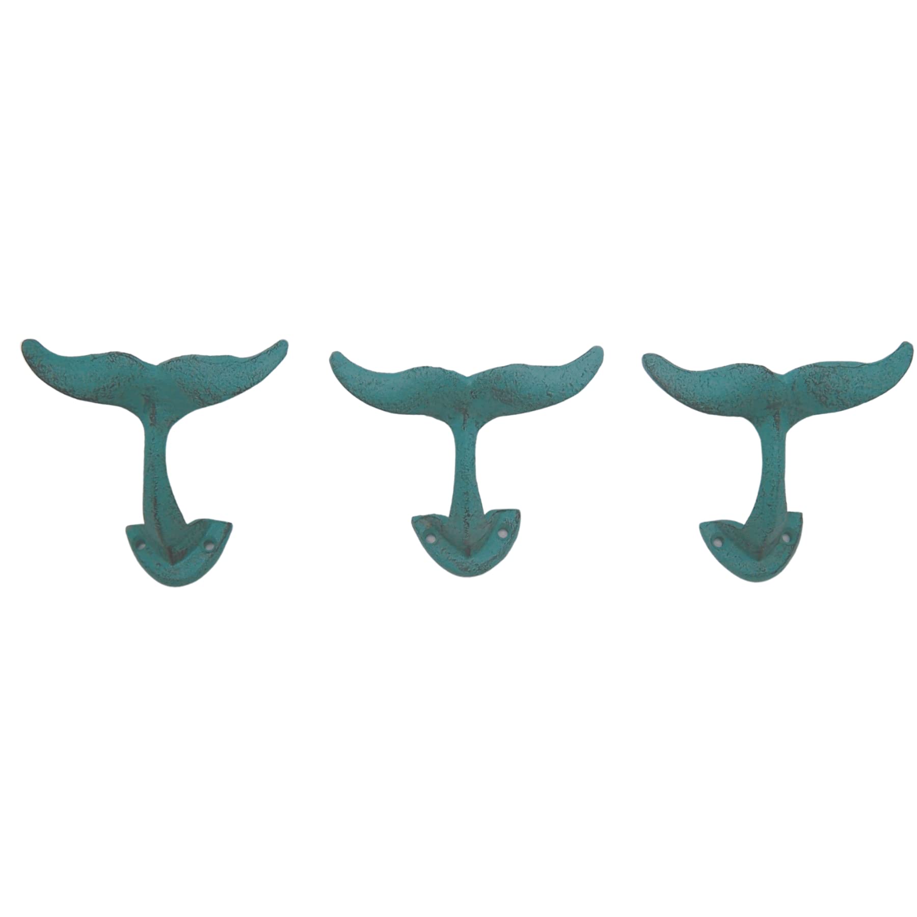 Light Blue Whale Tail Cast Iron Wall Hooks, Wall Mounted for Hanging Coats, Purses, Towels, Hats, Beach Themed Wall Decor, Set of 3, 4.75 Inches High