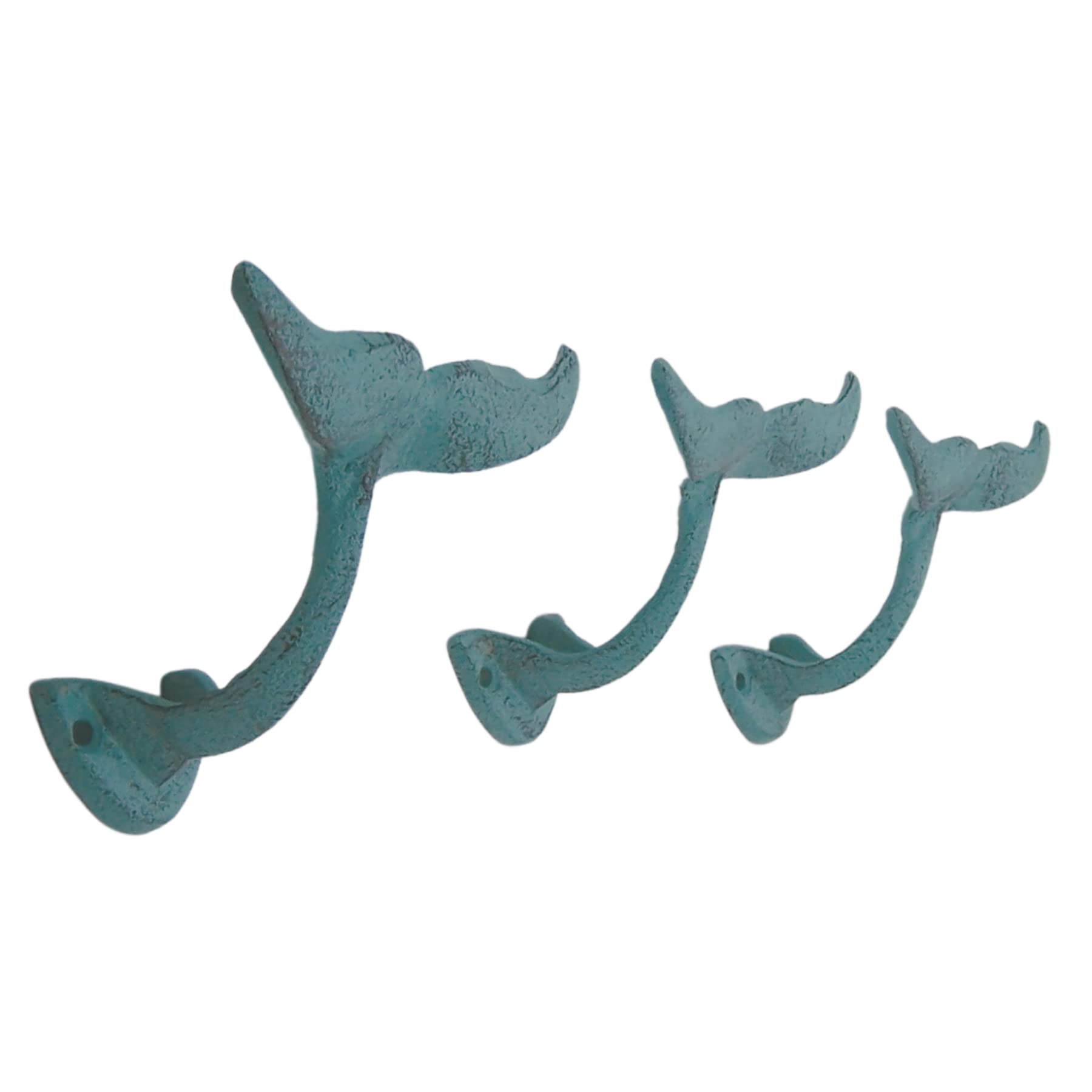 Light Blue Whale Tail Cast Iron Wall Hooks, Wall Mounted for Hanging Coats, Purses, Towels, Hats, Beach Themed Wall Decor, Set of 3, 4.75 Inches High