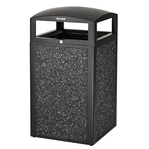 Alpine Indoor & Outdoor Commercial Trash Can with Lid - 40 Gallon Heavy Duty Metal Garbage Can with Removable Bin, Locking Lid for a Modern Look in Patio, Pool, Deck, Office Black, Grey Stone Panels