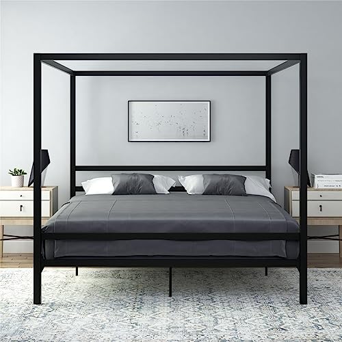 DHP Modern Metal Canopy Platform Bed with Minimalist Headboard and Four Poster Design, Underbed Storage Space, No Box Spring Needed, King, Black