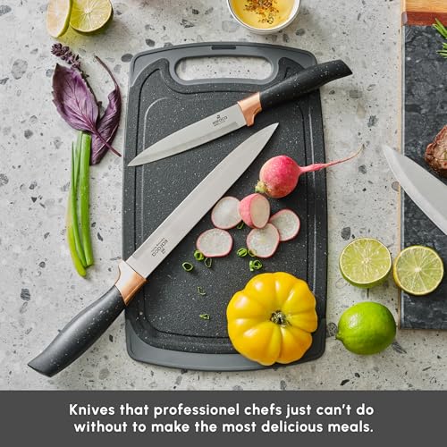 Karaca Gusto Knife and Chopping Board Set, 12 Pcs, Stainless Steel 5 Knives with Black Handles and 5 Pcs Kitchen Utensils with Special Stand including Cutting Board