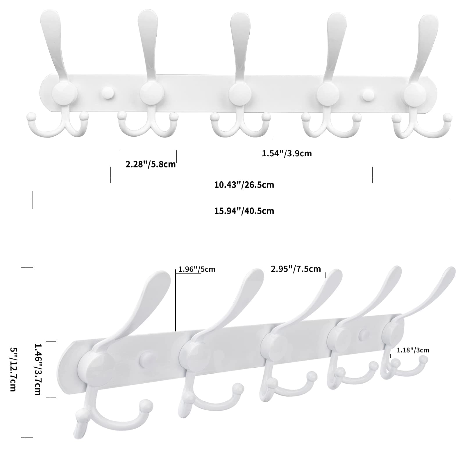 Qihtldsy Coat Rack Wall Mount, Stainless Steel Coat Hooks, 5 Tri Hooks, Heavy Duty Hook Rail for Coat Hat Towel Bag Purse Robes Bedroom Kitchen Bathroom Entryway, White