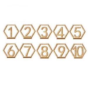 esowemsn 10pcs wooden table numbers 1-10 hexagon shape wedding table numbers with holder base diy floral table number sign stand for wedding party event catering decoration