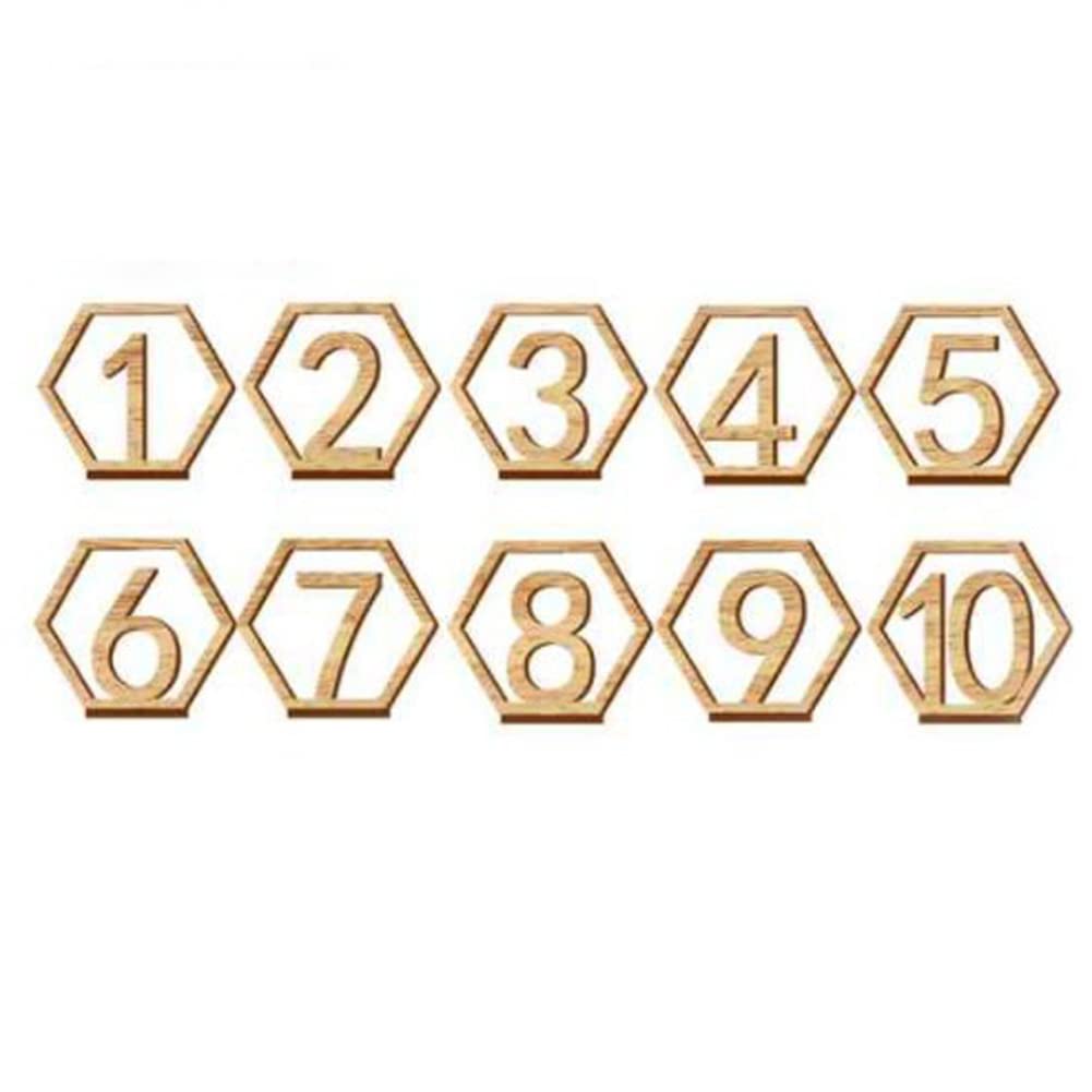 esowemsn 10pcs Wooden Table Numbers 1-10 Hexagon Shape Wedding Table Numbers with Holder Base DIY Floral Table Number Sign Stand for Wedding Party Event Catering Decoration