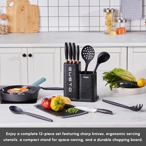 Karaca Gusto Knife and Chopping Board Set, 12 Pcs, Stainless Steel 5 Knives with Black Handles and 5 Pcs Kitchen Utensils with Special Stand including Cutting Board