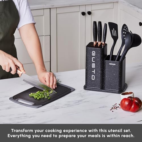 Karaca Gusto Knife and Chopping Board Set, 12 Pcs, Stainless Steel 5 Knives with Black Handles and 5 Pcs Kitchen Utensils with Special Stand including Cutting Board