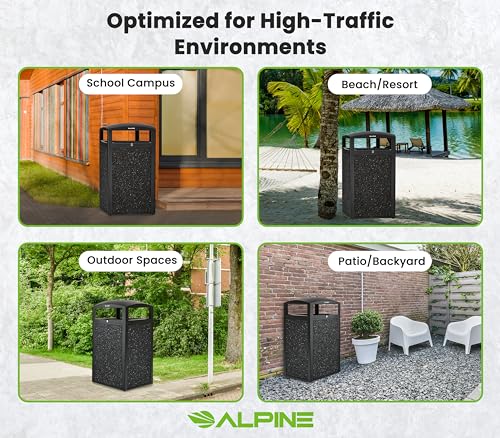 Alpine Indoor & Outdoor Commercial Trash Can with Lid - 40 Gallon Heavy Duty Metal Garbage Can with Removable Bin, Locking Lid for a Modern Look in Patio, Pool, Deck, Office Black, Grey Stone Panels