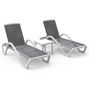 Domi Patio Chaise Lounge Chair Set of 3,Outdoor Aluminum Polypropylene Sunbathing Chair with Adjustable Backrest,Arm,Side Table,for Beach,Yard,Balcony,Poolside(2 Gray Chairs W/Table)