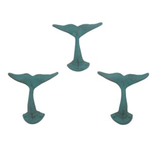 light blue whale tail cast iron wall hooks, wall mounted for hanging coats, purses, towels, hats, beach themed wall decor, set of 3, 4.75 inches high