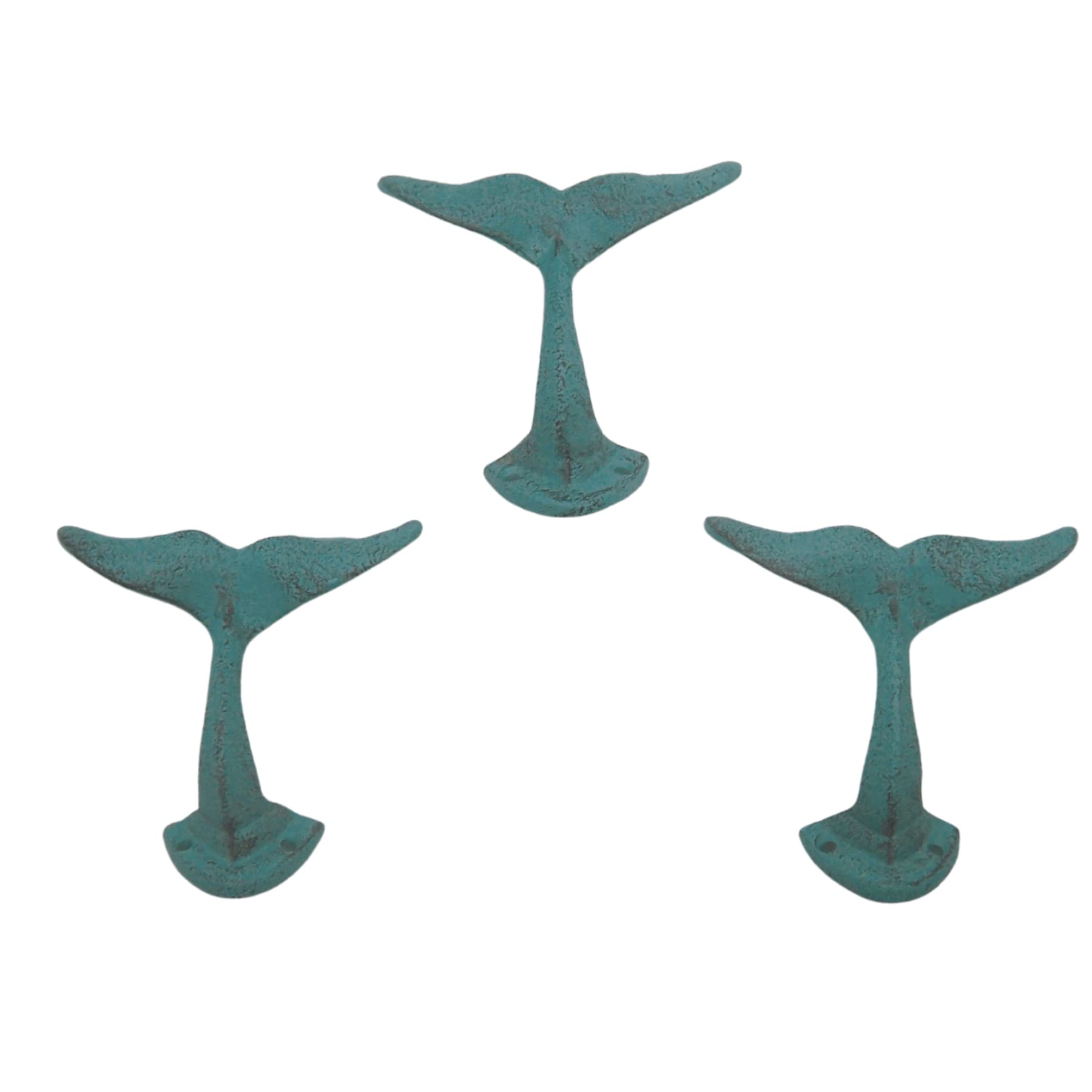 Light Blue Whale Tail Cast Iron Wall Hooks, Wall Mounted for Hanging Coats, Purses, Towels, Hats, Beach Themed Wall Decor, Set of 3, 4.75 Inches High