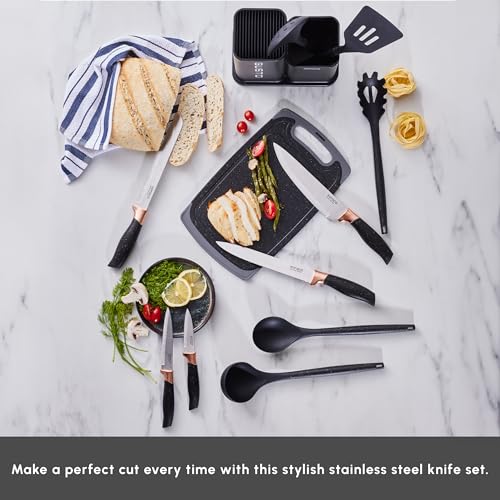 Karaca Gusto Knife and Chopping Board Set, 12 Pcs, Stainless Steel 5 Knives with Black Handles and 5 Pcs Kitchen Utensils with Special Stand including Cutting Board