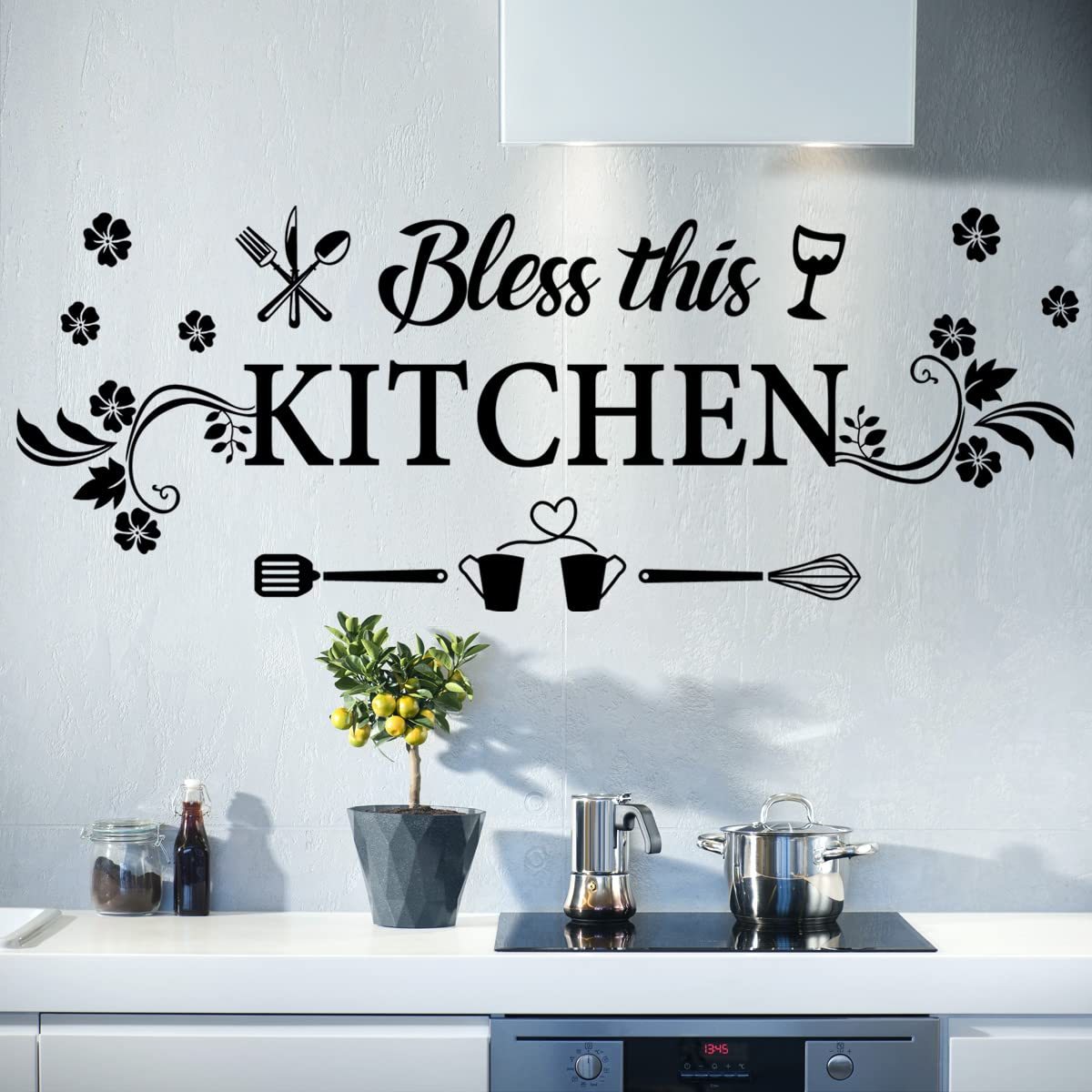 Kitchen Wall Decor Sticker Kitchen Quotes Bless This Kitchen Wall Decals Flower Art Removable DIY Vinyl Wall Stickers for Kitchen Dining Baking Room Bar Restaurant Home Decor.