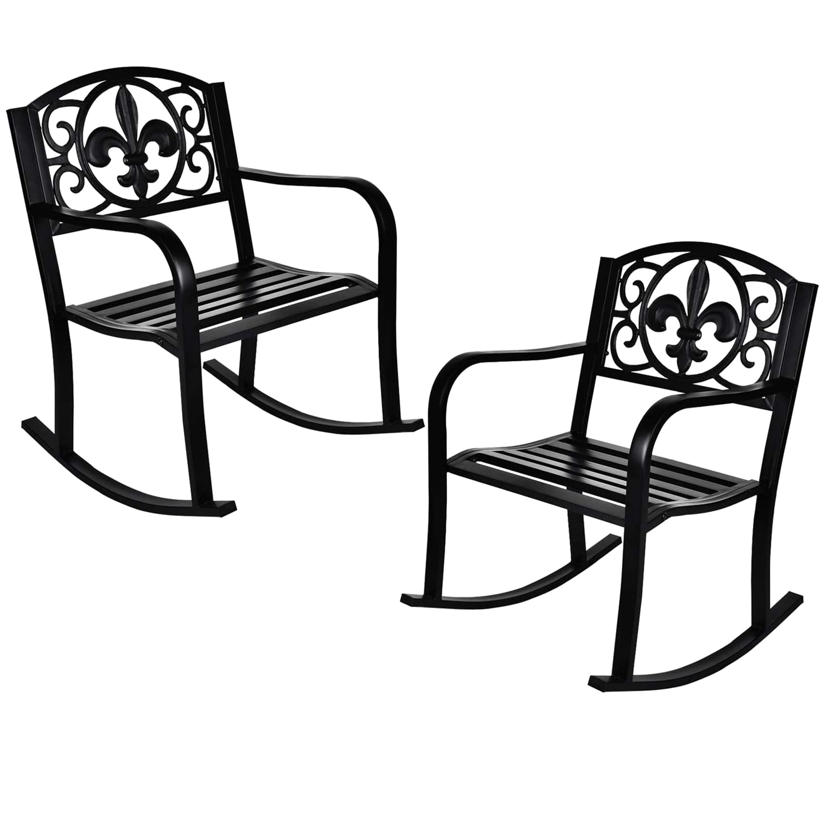 LEISU Outdoor Patio Rocking Chair, Metal Rocking Seat Scroll Design Rocker Armchair for Indoor, Deck, Backyard, Garden (2, Black)