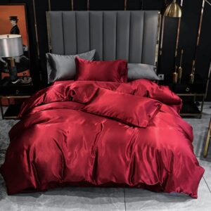 satin bedding set queen wine red silk like satin duvet cover set luxury soft burgundy comforter cover adults bedroom decor chic luxurious silky bedspread cover zipper (1 duvet cover + 2 pillow case)