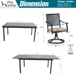 PHI VILLA Outdoor Patio Dining Table and Chairs Set of 7 Pieces Patio Furniture Set Metal Extendable Table and 6 Black Swivel Dining Chairs with Cushion for Bistro Backyard Garden