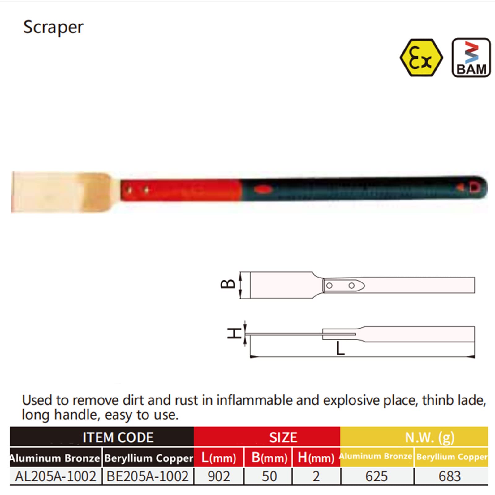 WEDO Non-Sparking Scraper with Straight Blade and Comfortable Handle,Spark-free Safety Tool,Aluminum Bronze,DIN Standard,BAM & FM Certificate,35.5"Length,902mm