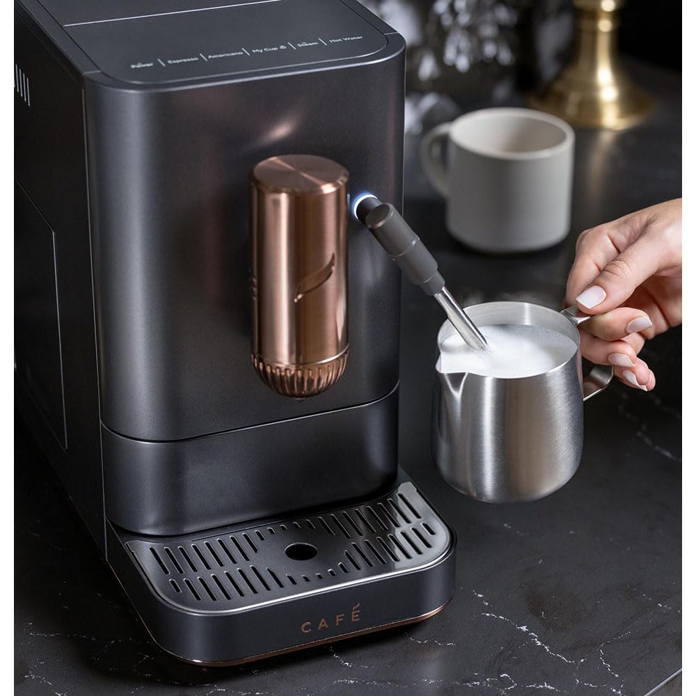 Café Affetto Automatic Espresso Machine + Milk Frother | Built-In & Adjustable Espresso Bean Grinder | One-Touch Brew in 90 Seconds | Matte Black, 1.2 Liter, (C7CEBBS3RD3)