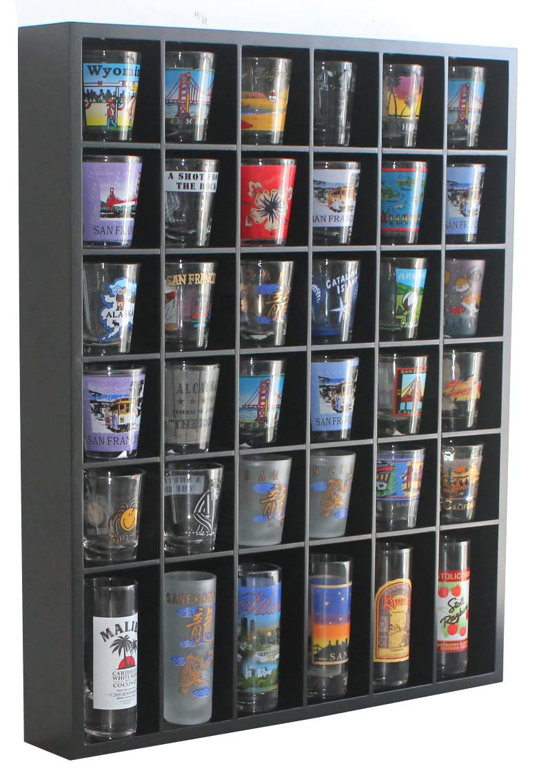 Black Shot Glass Display Case 36 Slots Minifigures Thimble Collection Display Rack Freestanding - No Door (with 1 Row for Tall Shooters)