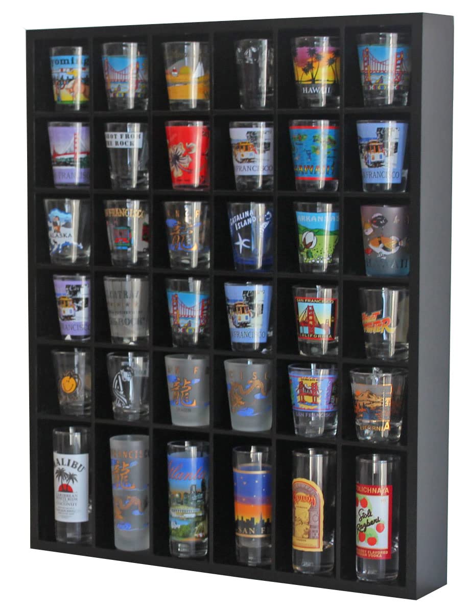 Black Shot Glass Display Case 36 Slots Minifigures Thimble Collection Display Rack Freestanding - No Door (with 1 Row for Tall Shooters)