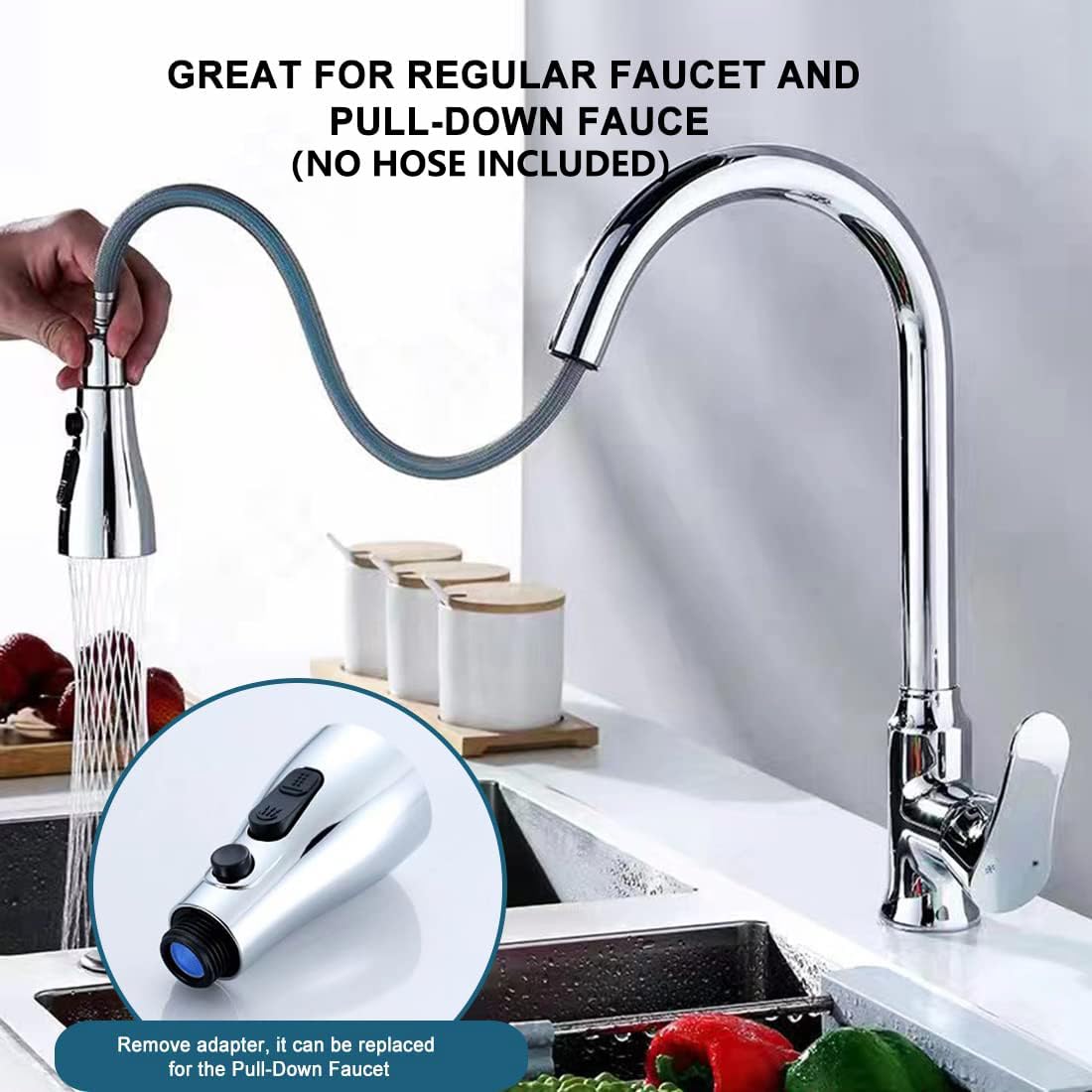 Universal Kitchen Faucet Head Sink Aerator Faucet Replacement Parts Pull Down Faucet Sprayer Head Big Angle Rotatable Anti -Splash Faucet Extender for Regular Faucet and Pull Down Faucet with Adapter