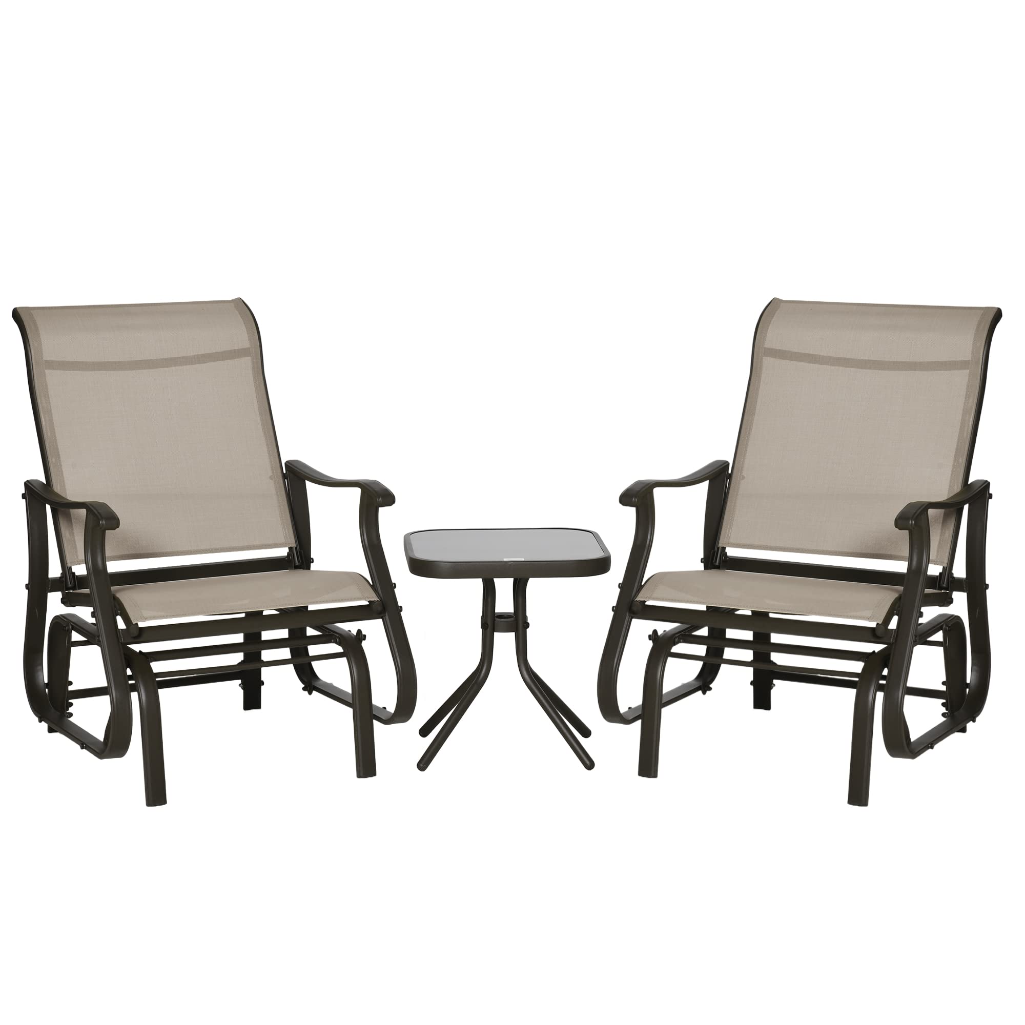 Outsunny 3-Piece Outdoor Gliders Set Bistro Set with Steel Frame, Tempered Glass Top Table for Patio, Garden, Backyard, Lawn, Gray